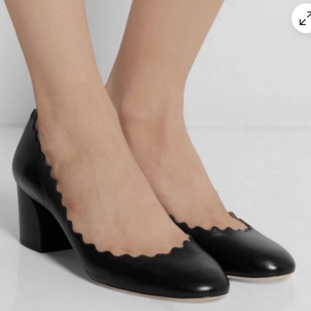 Chloe Women's Black Leather Scalloped Slip On Block Heel Lauren Pumps Size 39, 9